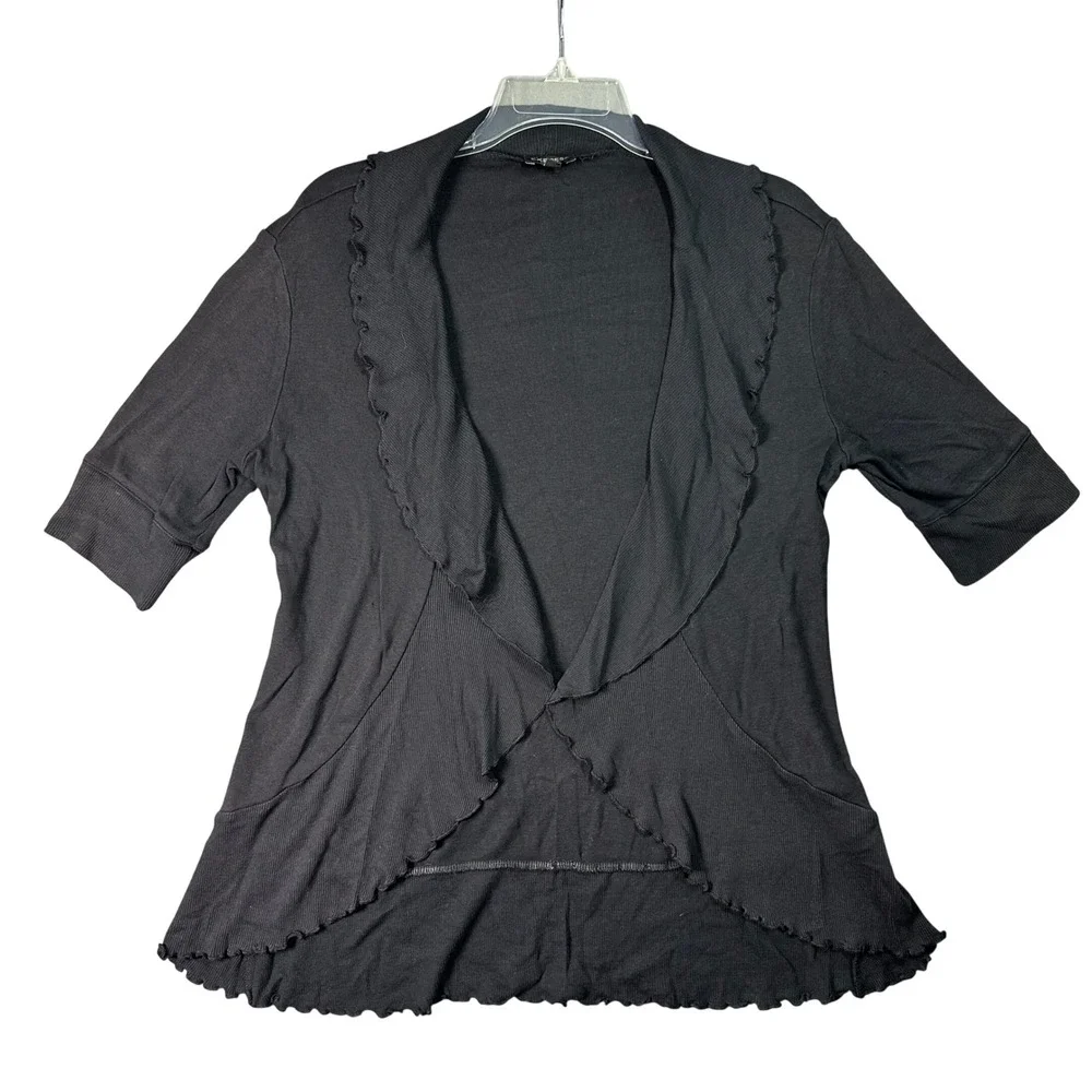 Express Black Ribbed‎ Lettuce Edge Open Front Cardigan Shawl Collar L Whimsigoth
